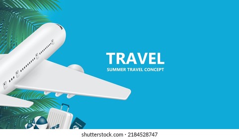 Airplane,luggage,passport and volleyball with coconut trees in background and all on left edge and leave blank space in middle for advertisements text about summer travel,vector 3d for summer concept