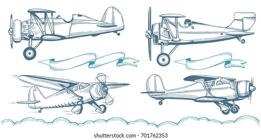 Airplanes, advertising banners and clouds.
Hand drawn illustration set.