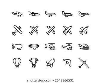 Airplanes, air transport and aviation icon set with adjustable line weight