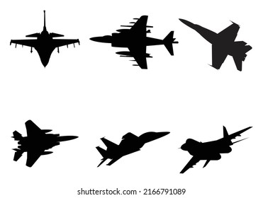 Airplanes, aircraft jet vector silhouettes. Set of plane monochrome black, war jets.