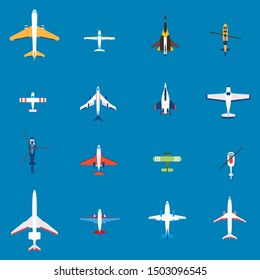 Airplanes, aircrafts and helicopters set. Air transportation design elements. Top view of plane, vector illustration