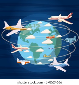 Airplanes around the world concept. Cartoon illustration of airplanes around the world vector concept for web