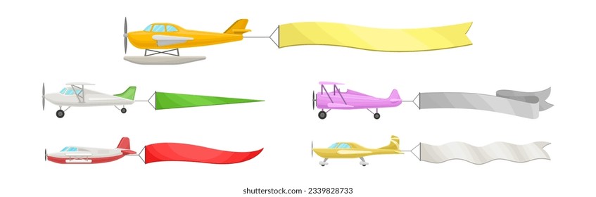 Airplanes with Banner and Fluttering Color Poster Vector Set