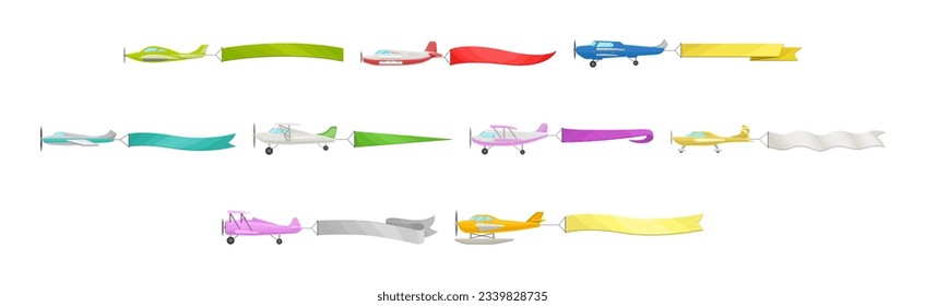 Airplanes with Banner and Fluttering Color Poster Vector Set