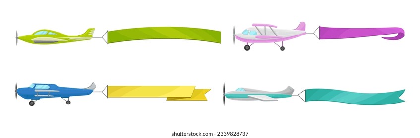 Airplanes with Banner and Fluttering Color Poster Vector Set