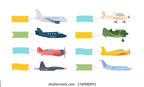 Airplanes with banner set. Modern retro aircraft with fluttering color poster on tail powerful combat fighter airliner motor yellow private high speed green training blue. Cartoon banner vector.