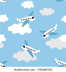 Airplanes in the clouds flying all around. Hand drawn vector illustration in seamless pattern suitable for textiles, merchandise and backgrounds