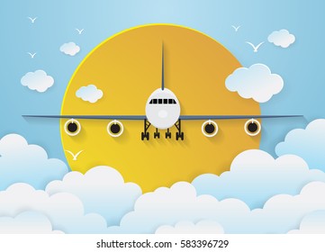 Airplane's with clouds on sky background.paper art