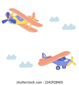 Airplanes and clouds in the sky, seamless pattern with hand drawn vector illustration