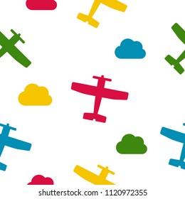 Airplanes and clouds vector seamless colorful pattern for kids on white background