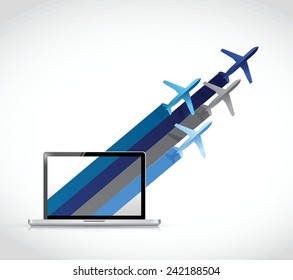 airplanes coming out of a laptop computer. illustration design over a white background