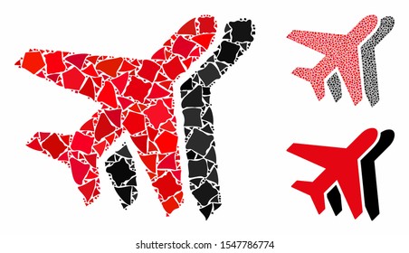 Airplanes composition of trembly parts in variable sizes and color tones, based on airplanes icon. Vector tuberous parts are grouped into composition. Airplanes icons collage with dotted pattern.
