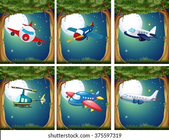 Airplanes and copters flying at night illustration