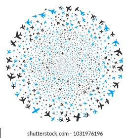 Airplanes curl stream. Element cycle combined from random airplanes symbols. Vector illustration style is flat iconic symbols.