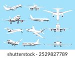 Airplanes in different angles mega set elements in flat graphic design. Collection objects of air transport in front, side, top and back view. Passenger or cargo plane flight. Vector illustration.