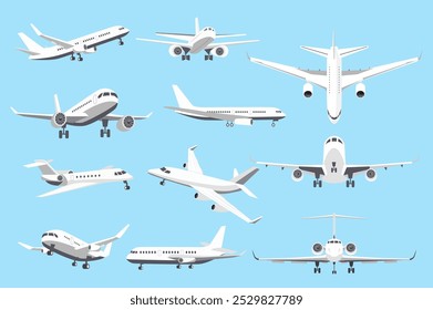 Airplanes in different angles mega set elements in flat graphic design. Collection objects of air transport in front, side, top and back view. Passenger or cargo plane flight. Vector illustration.