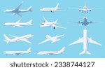 Airplanes in different angles on a blue background. Passenger and cargo air transport. A quick long-distance flight. Vector illustration