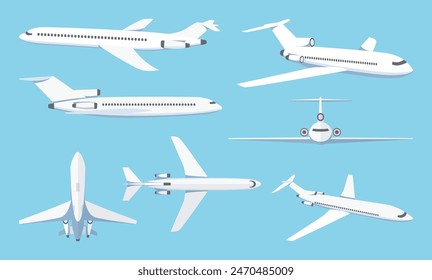 Airplanes in different angles on a blue background. Passenger and cargo air transport. A quick long-distance flight. Vector illustration