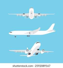 Airplanes in different angles on a blue background. Flying plane in the cloudy sky. Travel and vacation time. International transportation. Passenger and cargo air transport.