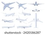 Airplanes in different angles on a white background. Passenger and cargo air transport. Fast intercity flight. Vector illustration