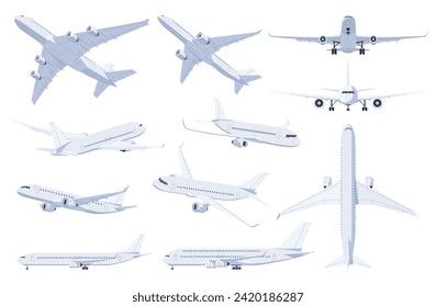 Airplanes in different angles on a white background. Passenger and cargo air transport. Fast intercity flight. Vector illustration