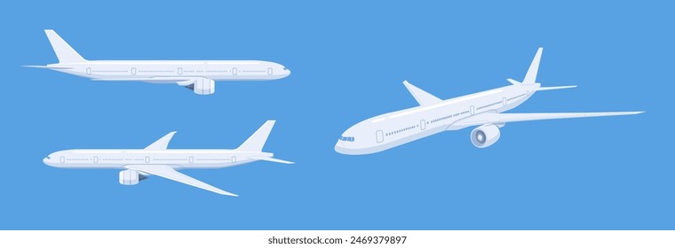 Airplanes in different angles. Passenger and cargo air transport.