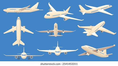 Airplanes different views. Passenger aircraft front side top view, flight commercial jet or cargo aviation civil airplane airliner wing turbine fuselage, neat vector illustration