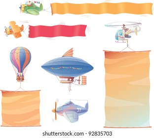 Airplanes, the dirigible, the hot air balloon and the helicopter are flying in the air with the banners.