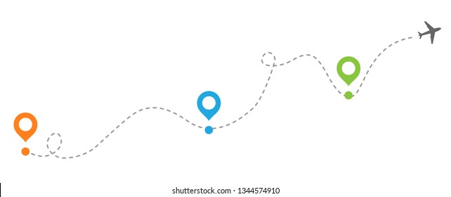 airplanes with dotted flight path. dotted trail and fly direction. The plane flies from the airport to rest. Vector illustration.