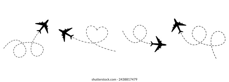 Aviones con trazado de línea de puntos establecido. Ruta de vuelo del avión con traza. Ilustración vectorial aislada sobre fondo blanco.