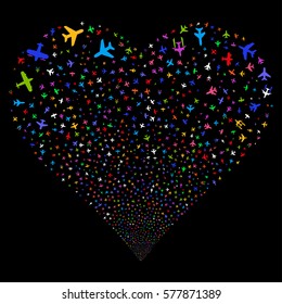 Airplanes fireworks with heart shape. Vector illustration style is flat bright multicolored iconic symbols on a black background. Object salute organized from scattered pictographs.