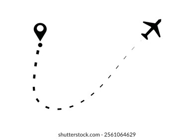 An airplane's flight path with a dashed line trace and a start point marker