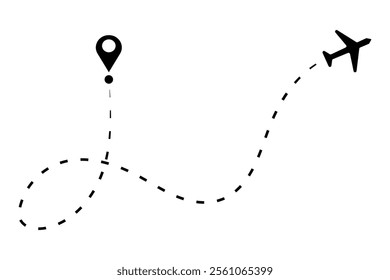 an airplane's flight path with a dashed line trace and a start point marker