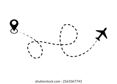 an airplane's flight path with a dashed line trace and a start point marker