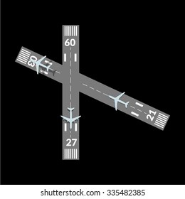 Airplanes fly over airfield. Takeoff and landing airplanes set. Runway with jet aircraft top view. Airport strip elements. Instrument landing system scheme. Airport label, sign and mark.