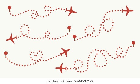 Aviones volando a lo largo de caminos punteados con pines de mapa. Ideal para viajes, aviación o conceptos de logística. Perfecto para infografías, presentaciones y Diseño web.