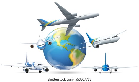 Airplanes flying around the earth illustration