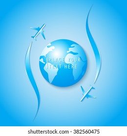 Airplanes Flying Around The Earth. Vector Poster With Airplanes, Airplane`s Stream Jet And Earth. Card For Travel Agencies, Aviation Companies. Realistic 3D Airplanes. Around The World.