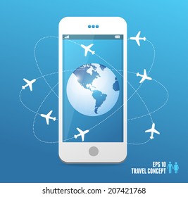 Airplanes flying around the globe. Vector travel concept