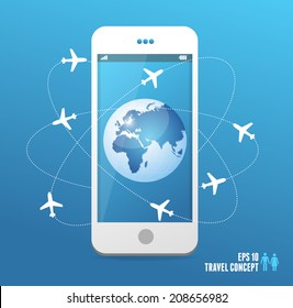 Airplanes flying around the globe. Vector travel concept
