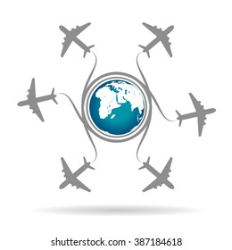 Airplanes flying around and World globe Vector Illustration