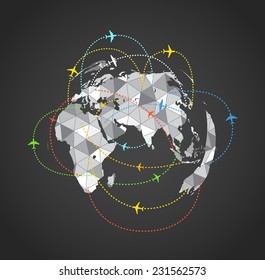 Airplanes flying over the abstract Earth map 