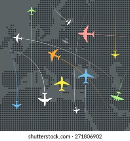 Airplanes flying over the abstract map of europe