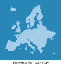 Airplanes flying over europe map. European route map. Air travel and tourism concept