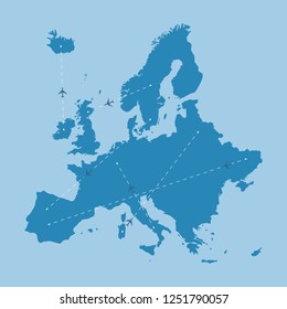 Airplanes flying over europe map. European route map. Air travel and tourism concept