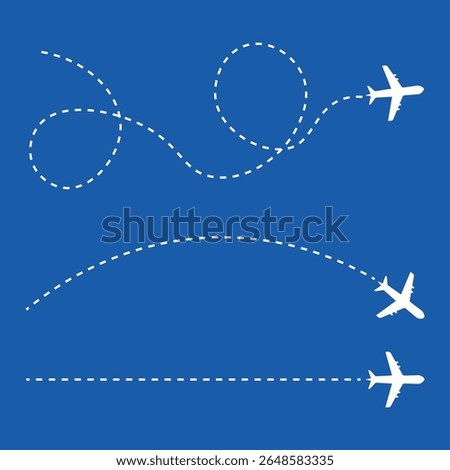 Airplanes following different dotted curved and straight dashed paths against a blue background in a simple illustration style
