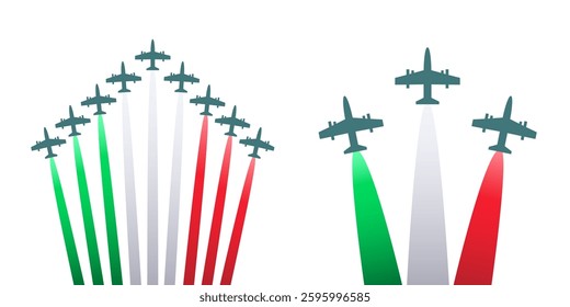 Airplanes in Frecce Tricolori or air show with smoke of Italy flag colors isolated on white. Green, white and red colors, minimalist flat design. Vector clipart, Republic Day or Liberation Day symbol.