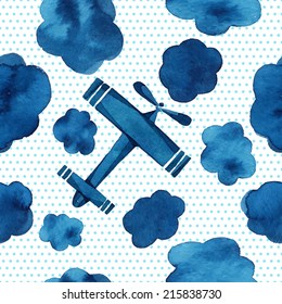 Airplanes, gliders, clouds, sky, small circles, watercolor pattern, seamless background. 