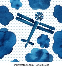 Airplanes, gliders, clouds, sky, small circles, watercolor pattern, seamless background. 