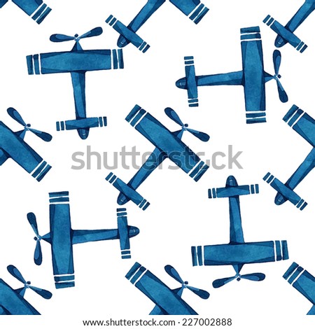 Airplanes, gliders, sky, watercolor pattern, seamless background. 